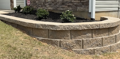 Small plants in front of a tiered retaining wall