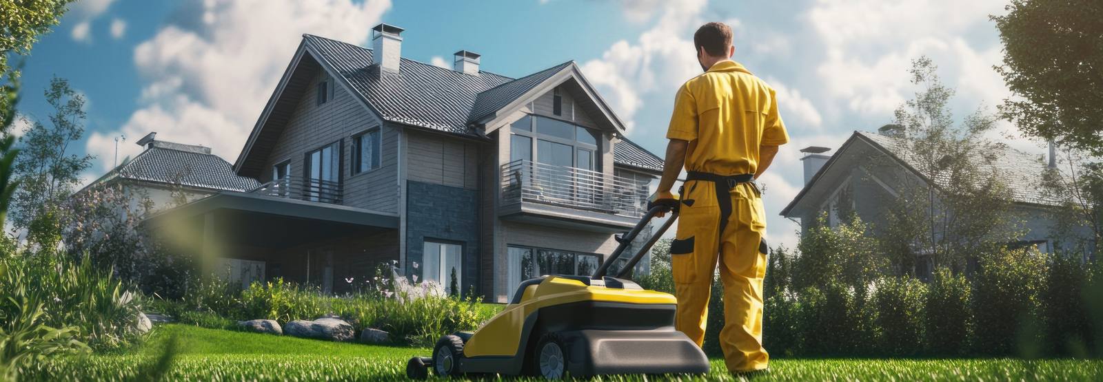 Lawncare worker in yellow standing outside modern home