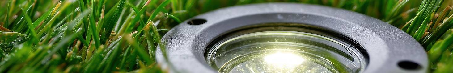 Circular outdoor LED spotlight recessed into grassy landscape for modern garden or architectural illumination