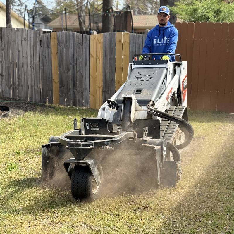 Lawn dethatcher in use on residential lawn