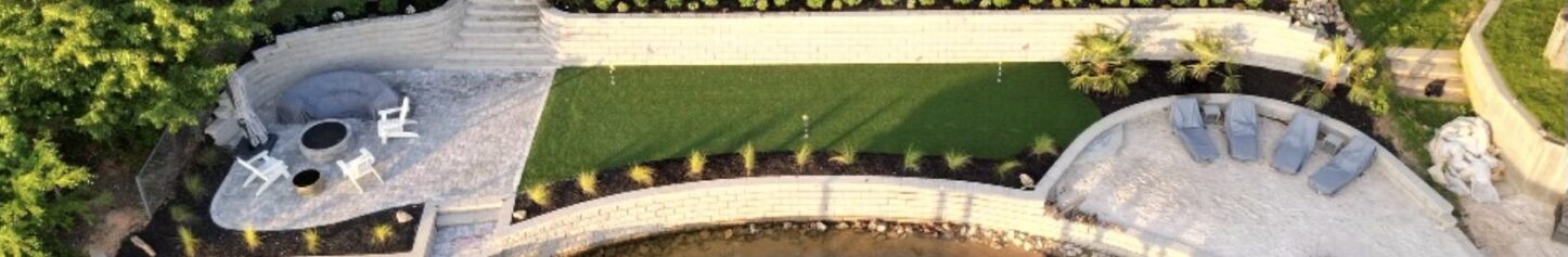 Overhead view of landscape project with curved lawn