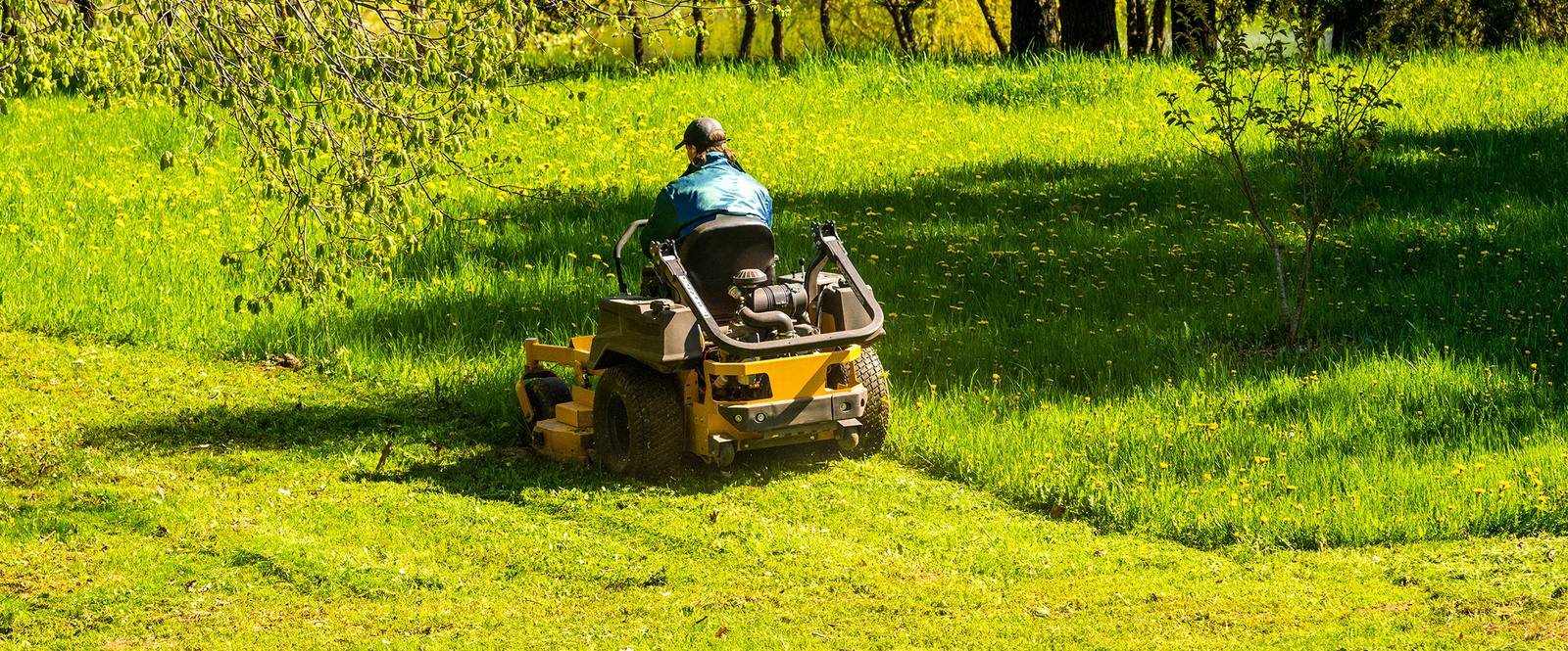 Lawn mower cutting grass in residential yard